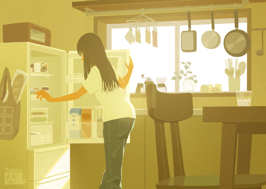 1girl, artist_name, backlighting, bag, black_hair, blue_pants, bottle, chair