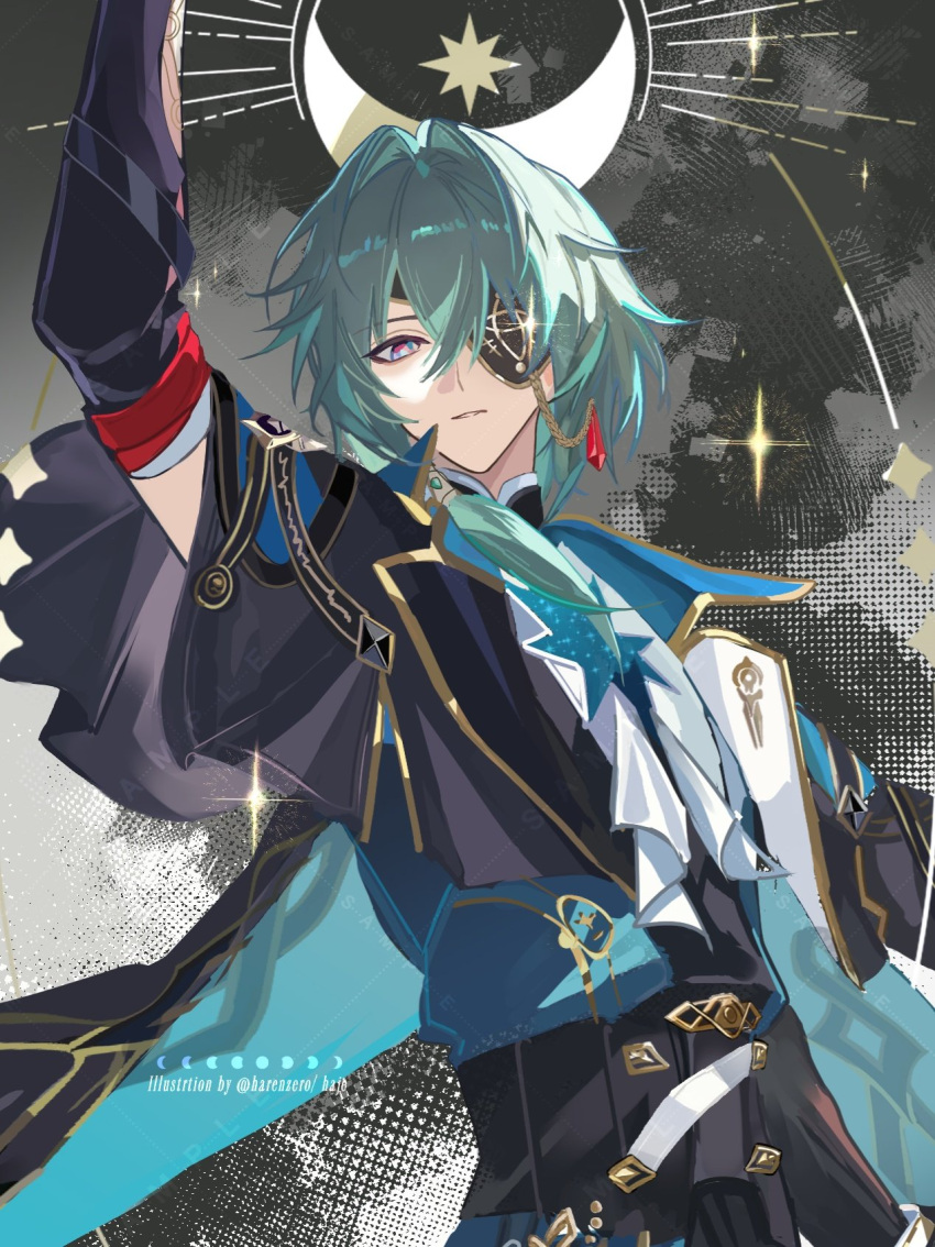 1boy, anaxa_(honkai:_star_rail), arm_up, black_cape, black_gloves, black_vest, blue_eyes, cape
