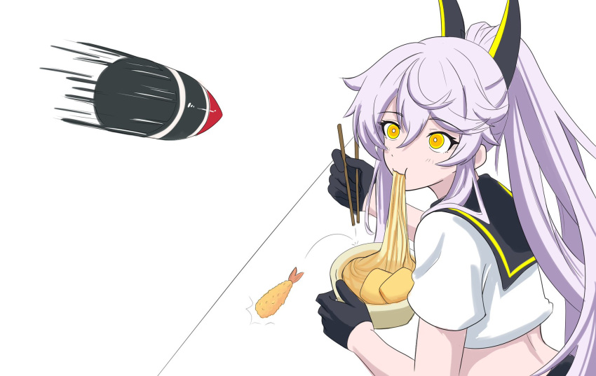 1girl, azur_lane, black_gloves, black_sailor_collar, blush, chopsticks, curious, eating