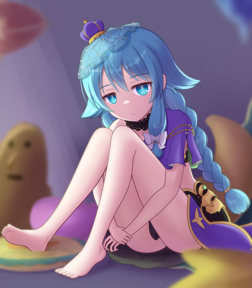 1girl, barefoot, blue_eyes, blue_hair, braid, copyright_request, feet, hat