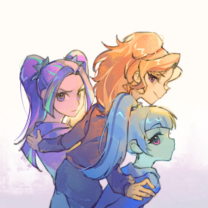 3girls, adagio_dazzle, adagio_dazzle_(human), animification, aqua_streaks, aria_blaze, aria_blaze_(human), black_pants