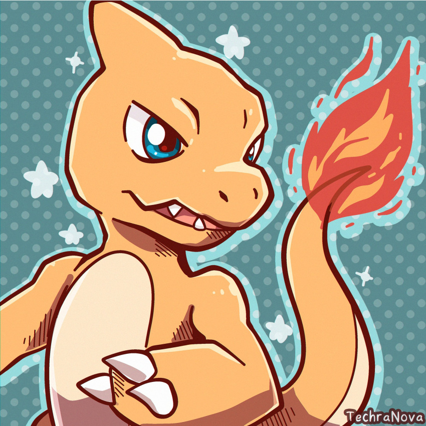 alternate_color, blue_eyes, charmeleon, claws, commentary, english_commentary, fangs, fire