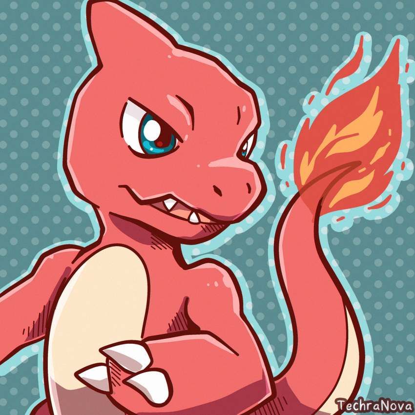 blue_eyes, charmeleon, claws, commentary, english_commentary, fangs, fire, flame-tipped_tail