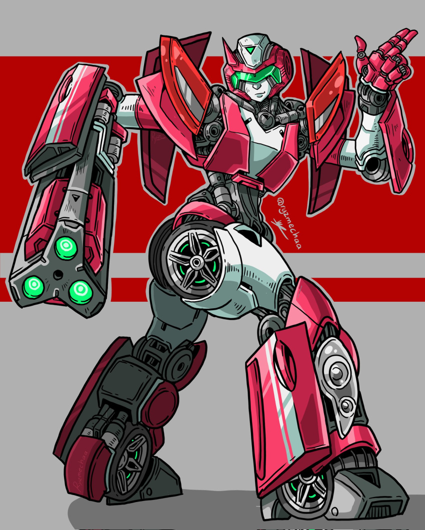 1girl, arcee, arm_cannon, assault_visor, helmet, highres, humanoid_robot, metal_skin