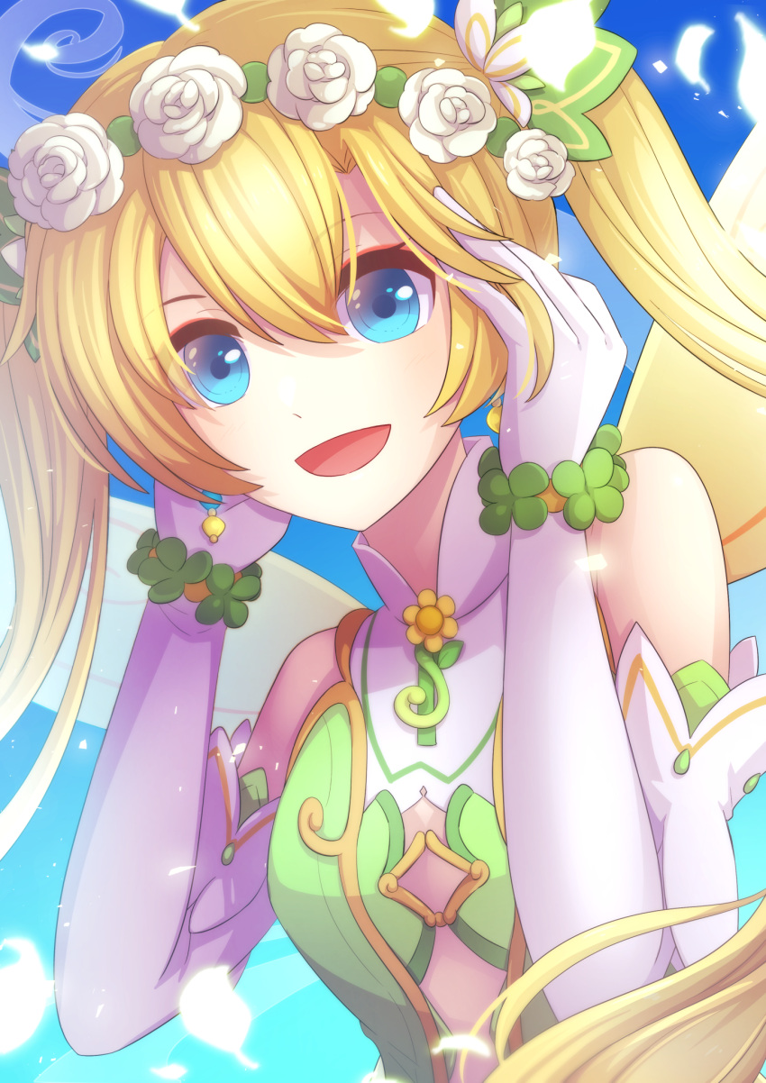 1girl, alto_(stella_glow), blonde_hair, blue_eyes, commentary_request, copyright_request, gloves, highres