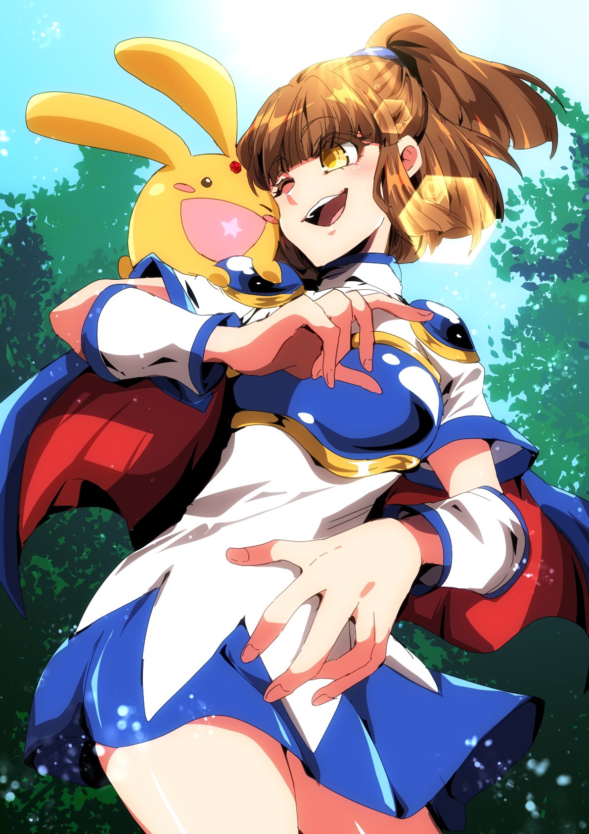 1girl, arle_nadja, armor, armored_dress, blue_cape, blue_skirt, blue_sky, breastplate, brown_eyes, brown_hair, cape, carbuncle_(puyopuyo), commentary_request, creature, day, demekin0206, dress, highres, looking_at_another, madou_monogatari, one_eye_closed, open_mouth, outdoors, ponytail, puyopuyo, red_cape, short_hair, shoulder_armor, skirt, sky, smile, sun, teeth, tree, yellow_eyes