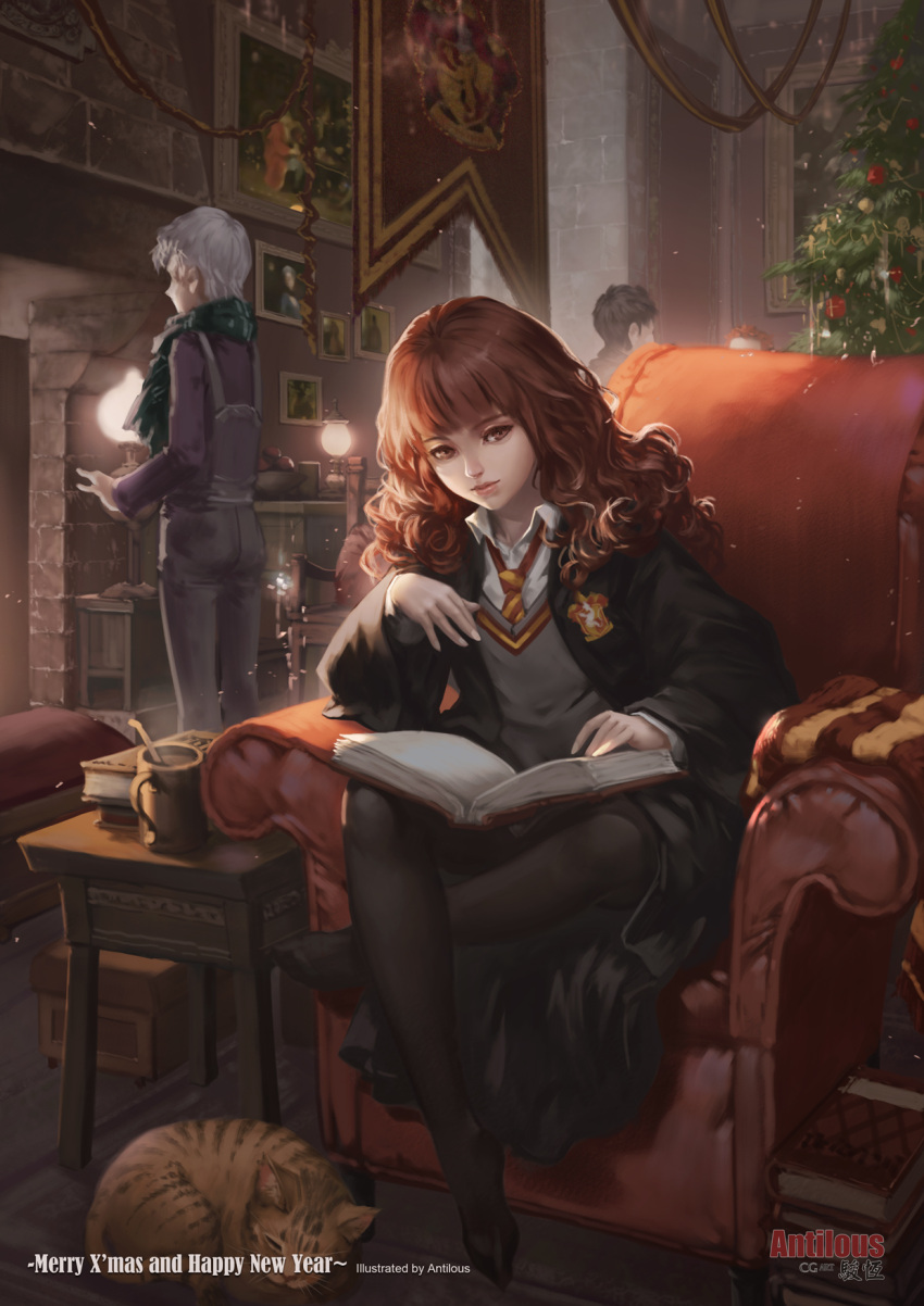 1girl, 3boys, antilous, apple, armchair, artist_logo, artist_name, banner