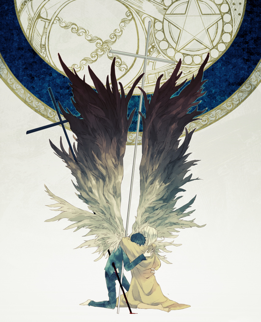 ayumu_(wind_and_sail), black_hair, blonde_hair, blood, cross, el_shaddai, enoch, highres
