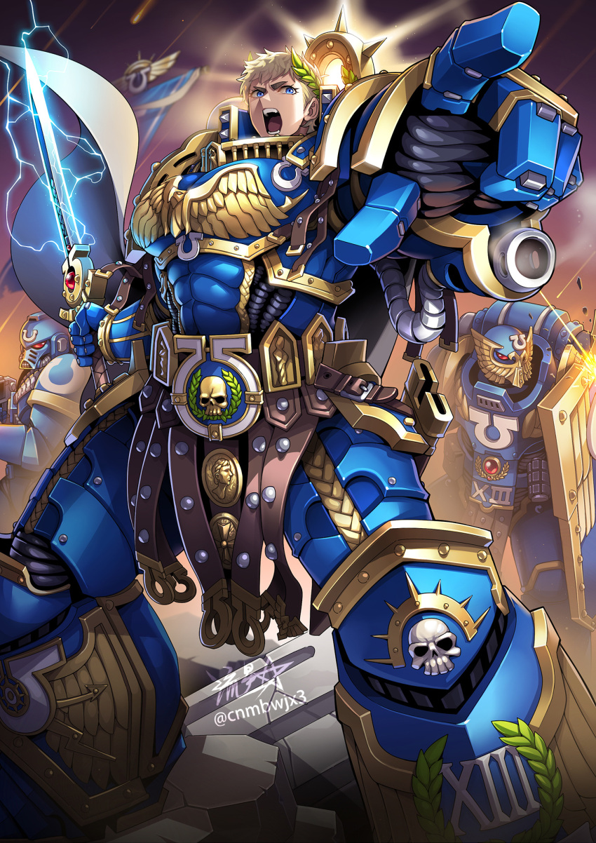 1girl, adeptus_astartes, angry, armor, artist_name, blonde_hair, blue_eyes, bolter