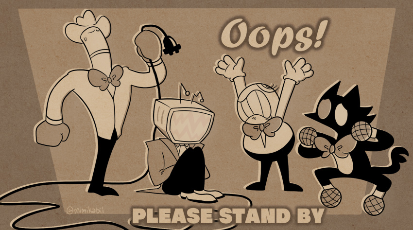 1920s_(style), 1other, 3boys, angry, ant_tenna, arms_up, artist_name, bow