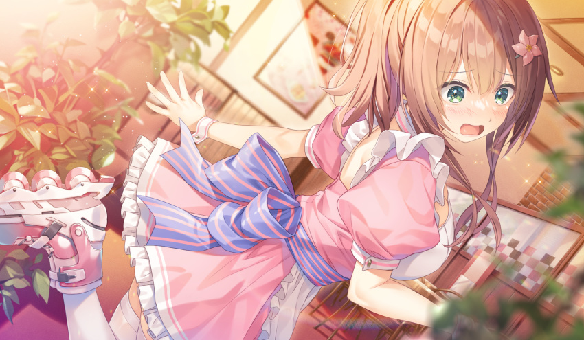 1girl, apron, bakappuru_supplement, blush, bow, dress, dutch_angle, from_side