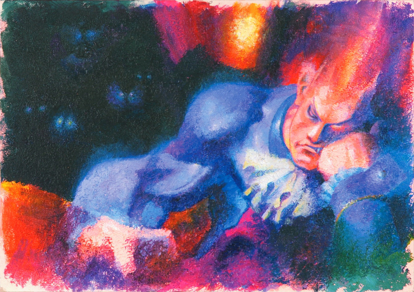 1boy, ascot, bengus, closed_eyes, closed_mouth, darkstalkers, demitri_maximoff, elbow_rest