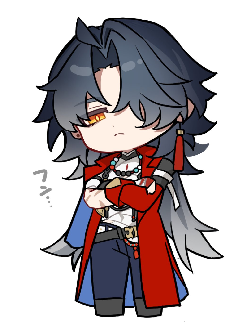 1boy, ahoge, beads, belt, black_hair, blade_(honkai:_star_rail), blue_hair, bright_pupils