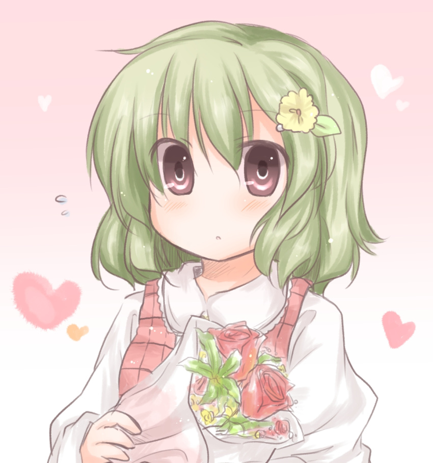 bad_id, blush, bouquet, daitirumoesu, flower, green_hair, hair_ornament, hairclip