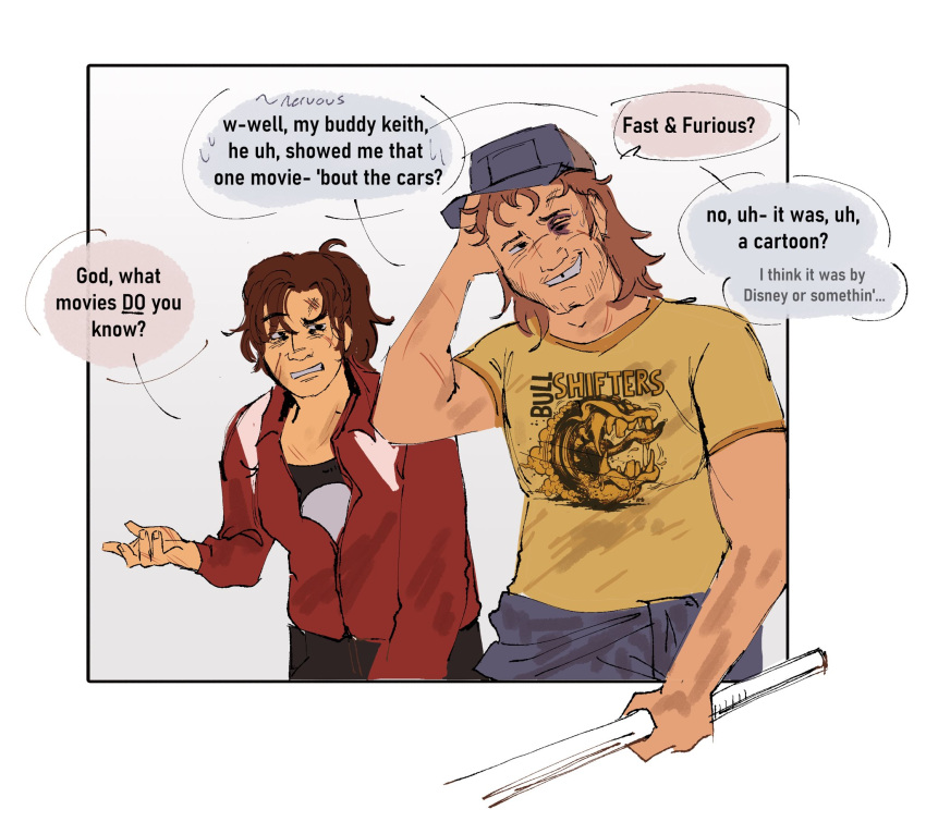 1boy, 1girl, 2025, baseball_cap, black_pants, brown_hair, denim, ellis_(left_4_dead)