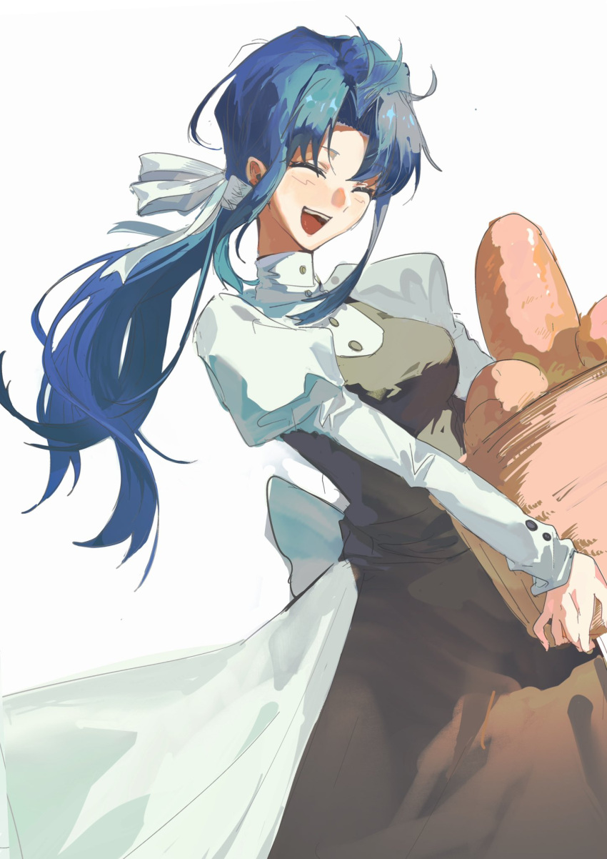 basket, black_dress, ciel_(tsukihime), closed_eyes, commentary, curtained_hair, dress, elesia, facing_viewer, food, highres, holding, holding_basket, holding_food, juliet_sleeves, long_sleeves, low_ponytail, open_mouth, ponytail, puffy_sleeves, rong301718, sidelocks, smile, teeth, tsukihime, two-tone_dress, untranslatable_commentary, upper_teeth_only, white_dress