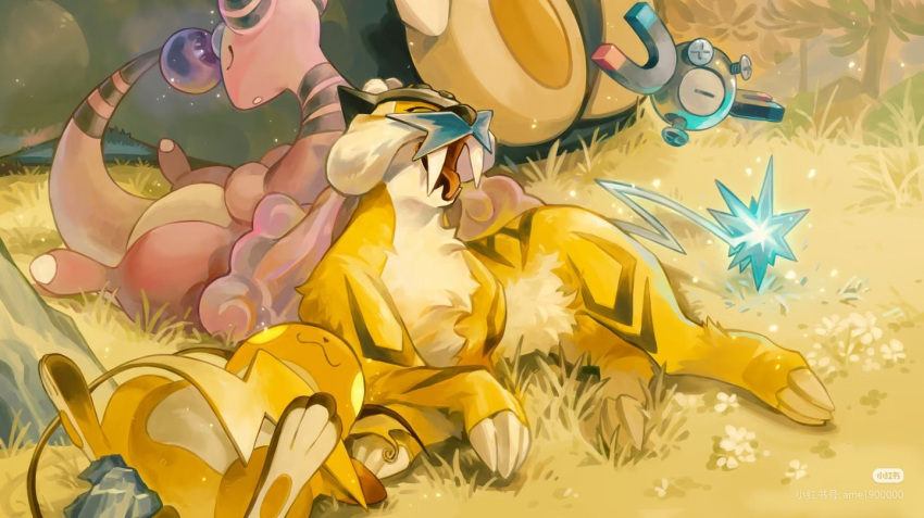 alternate_color, amehatobook, ampharos, closed_eyes, closed_mouth, commentary, flower, grass
