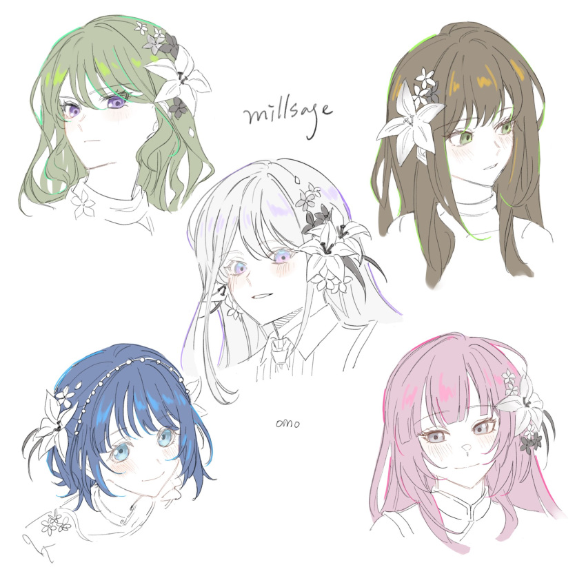5girls, bang_dream!, bang_dream!_our_notes, blue_eyes, blue_hair, brown_hair, closed_mouth, commentary_request