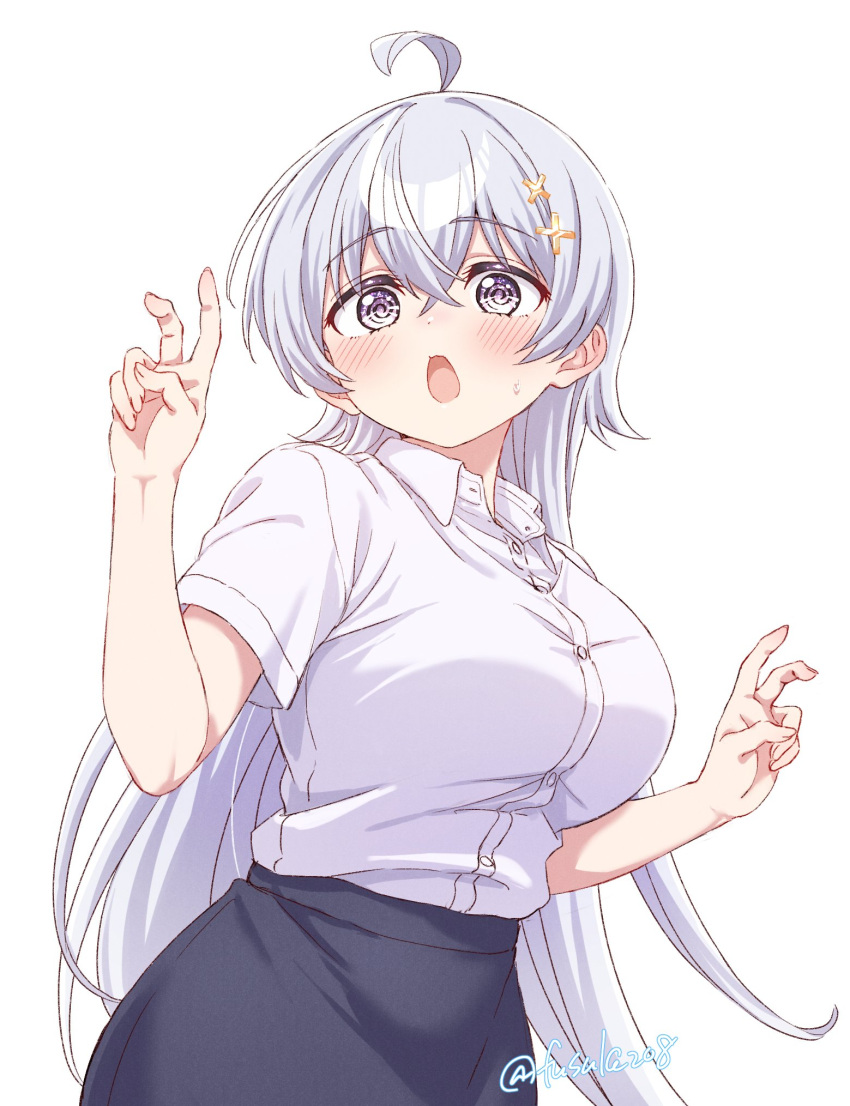 1girl, @_@, ahoge, artist_name, black_skirt, blush, breasts, collarbone