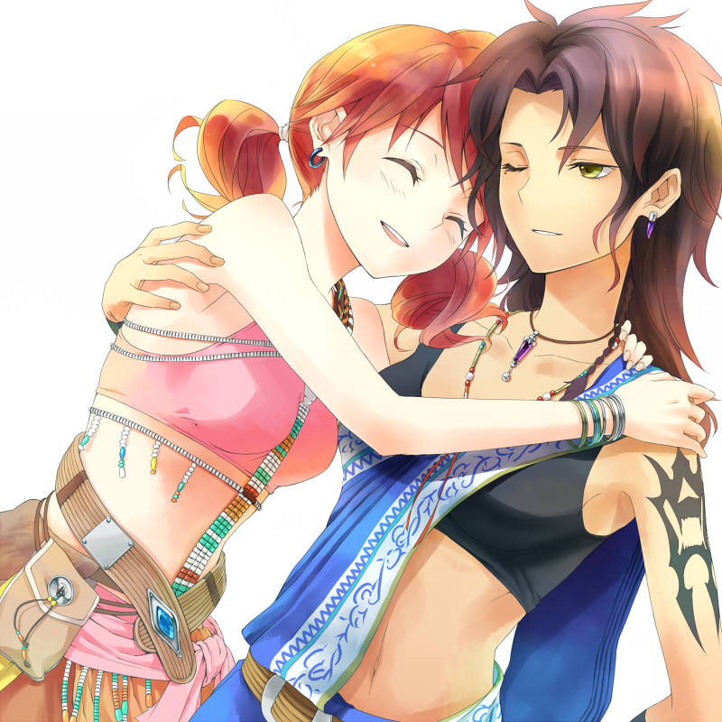 bad_id, black_hair, closed_eyes, earrings, final_fantasy, final_fantasy_xiii, hug, jewelry