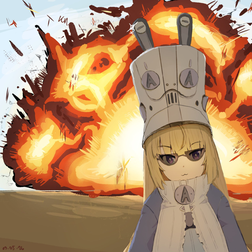 1girl, :3, blonde_hair, blue_jacket, blue_sky, closed_mouth, commentary, epsilontaueta, explosion, glasses, grey_hat, hat, highres, jacket, large_hat, long_hair, looking_at_viewer, norma_hollowell, outdoors, sky, solo, tinted_eyewear, upper_body, zenless_zone_zero