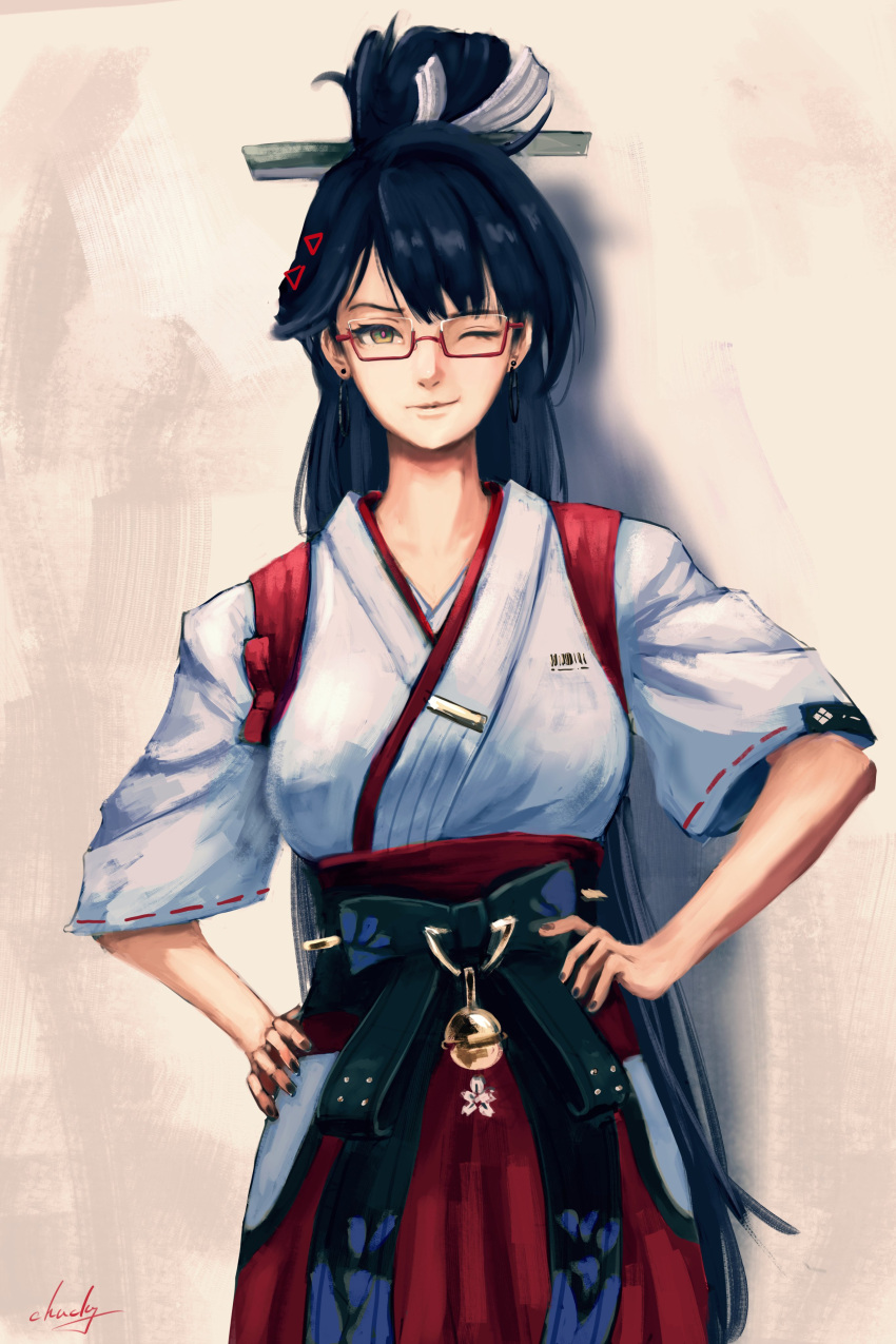 1girl, absurdres, black_hair, breasts, chucky_(chucky1000sun), closed_mouth, commentary_request, cowboy_shot, gyokuro_(wuthering_waves), hakama, hakama_skirt, hands_on_own_hips, highres, japanese_clothes, kimono, long_hair, looking_at_viewer, medium_breasts, one_eye_closed, red_hakama, red_pupils, signature, skirt, smile, solo, white_kimono, wuthering_waves, yellow_eyes