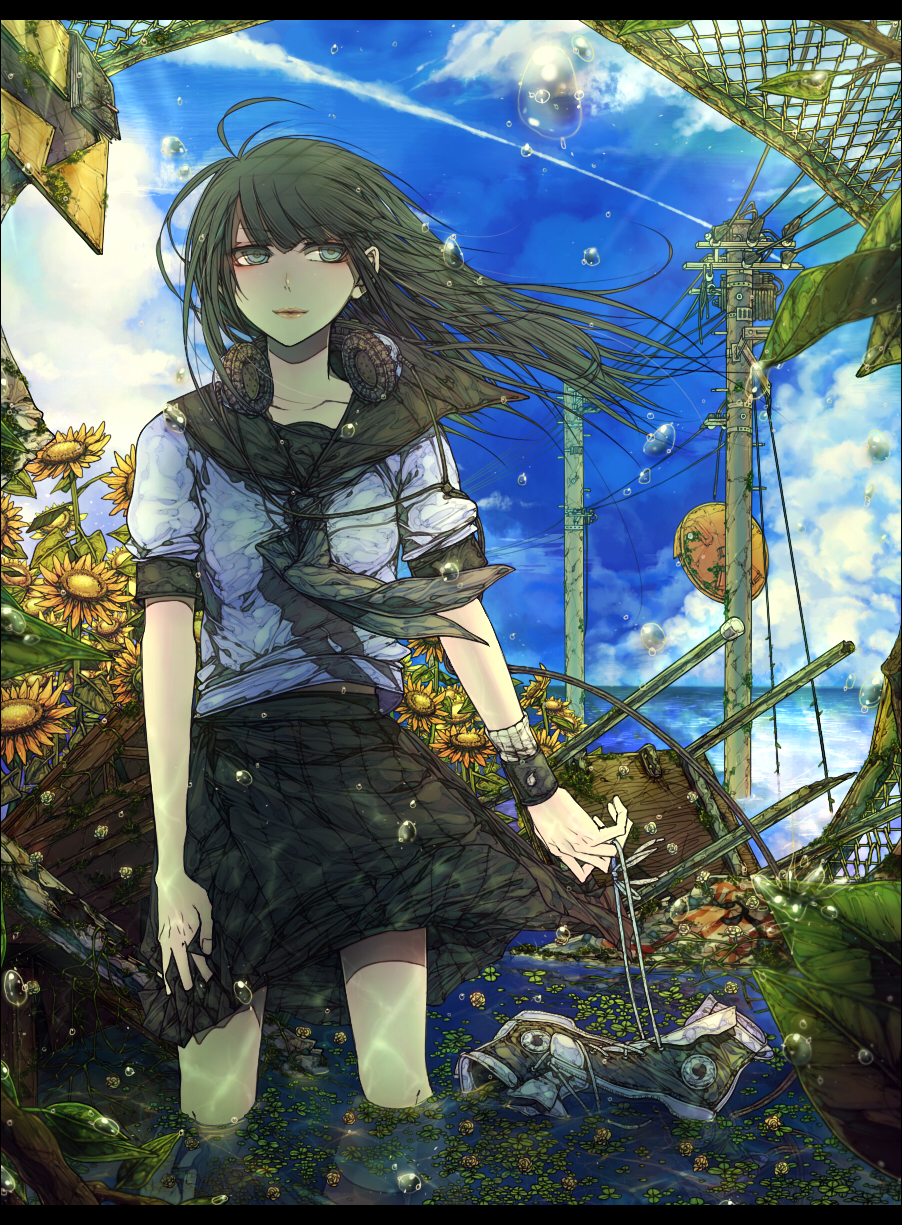 bad_id, black_hair, cloud, condensation_trail, contrail, drop, flower, headphones