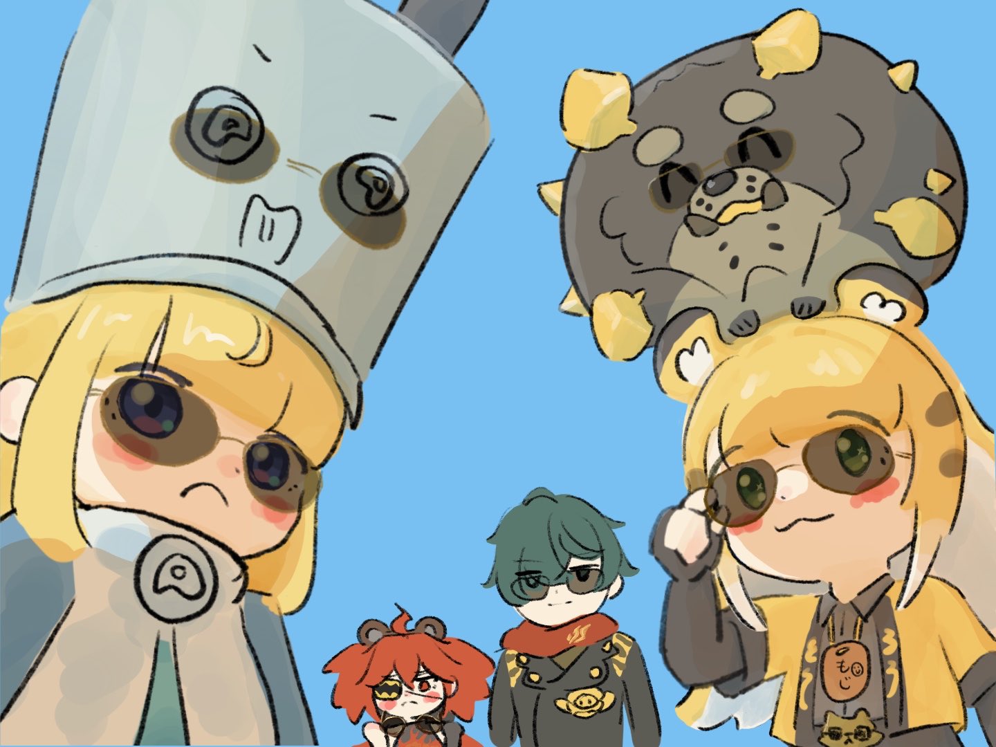 1boy, 3girls, :3, adjusting_eyewear, animal_ear_fluff, animal_ear_hairband, animal_ears, bear_ear_hairband