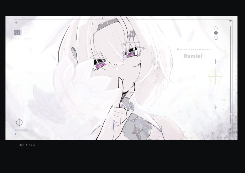 1girl, absurdres, bare_shoulders, black_border, border, character_name, closed_mouth, commentary_request