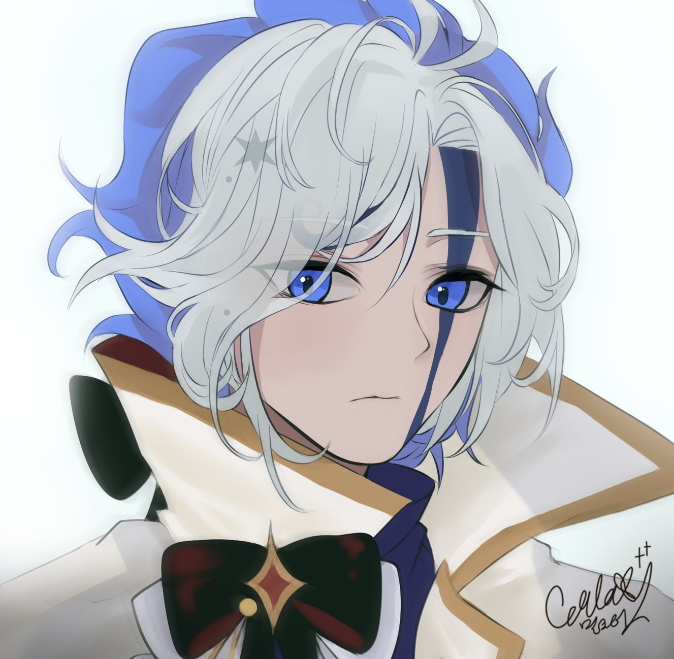 1boy, alternate_skin_color, androgynous, antenna_hair, black_bow, black_bowtie, blue_eyes, blue_hair
