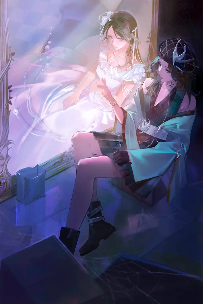 1girl, aqua_eyes, aqua_gem, aqua_shawl, aqua_streaks, artist_request, belt, black_boots, black_dress, black_gloves, black_hair, black_hat, boots, box, bracelet, chain, different_reflection, dress, flower, gem, gloves, green_dress, hair_flower, hair_ornament, half_gloves, hat, hat_ornament, highres, jewelry, mirror, multicolored_hair, necklace, official_art, path_to_nowhere, plaid_clothes, plaid_dress, reflection, shawl, silk, single_glove, sitting, spider_web, streaked_hair, thalia_(path_to_nowhere), two-tone_dress, white_belt, white_dress, white_flower