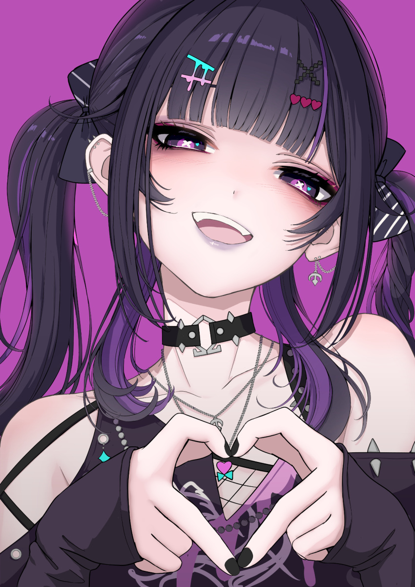 1girl, bare_shoulders, black_choker, black_hair, black_nails, blunt_bangs, blush, bow