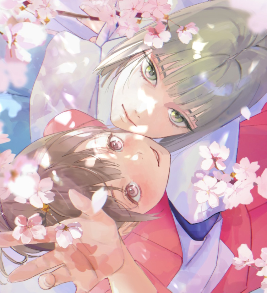 1boy, 1girl, blush, bob_cut, brown_eyes, brown_hair, cherry_blossoms, closed_mouth