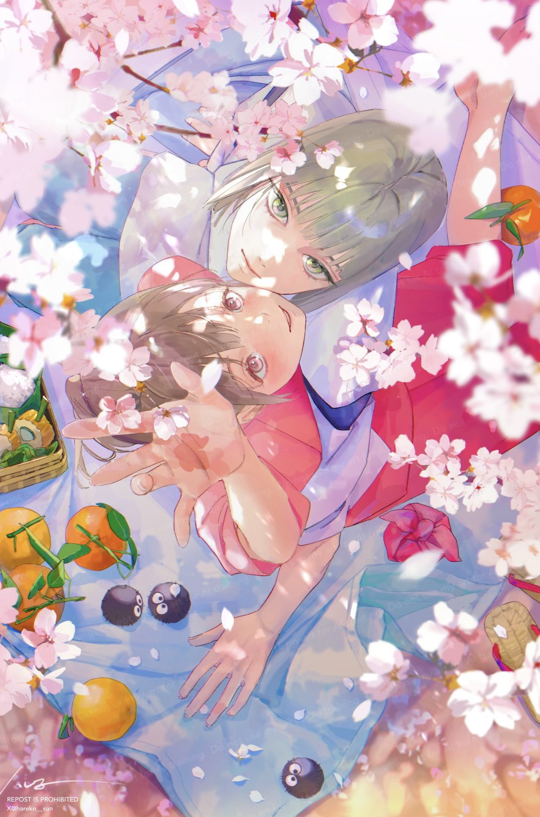 1boy, 1girl, bento, bob_cut, brown_hair, cherry_blossoms, closed_mouth, food