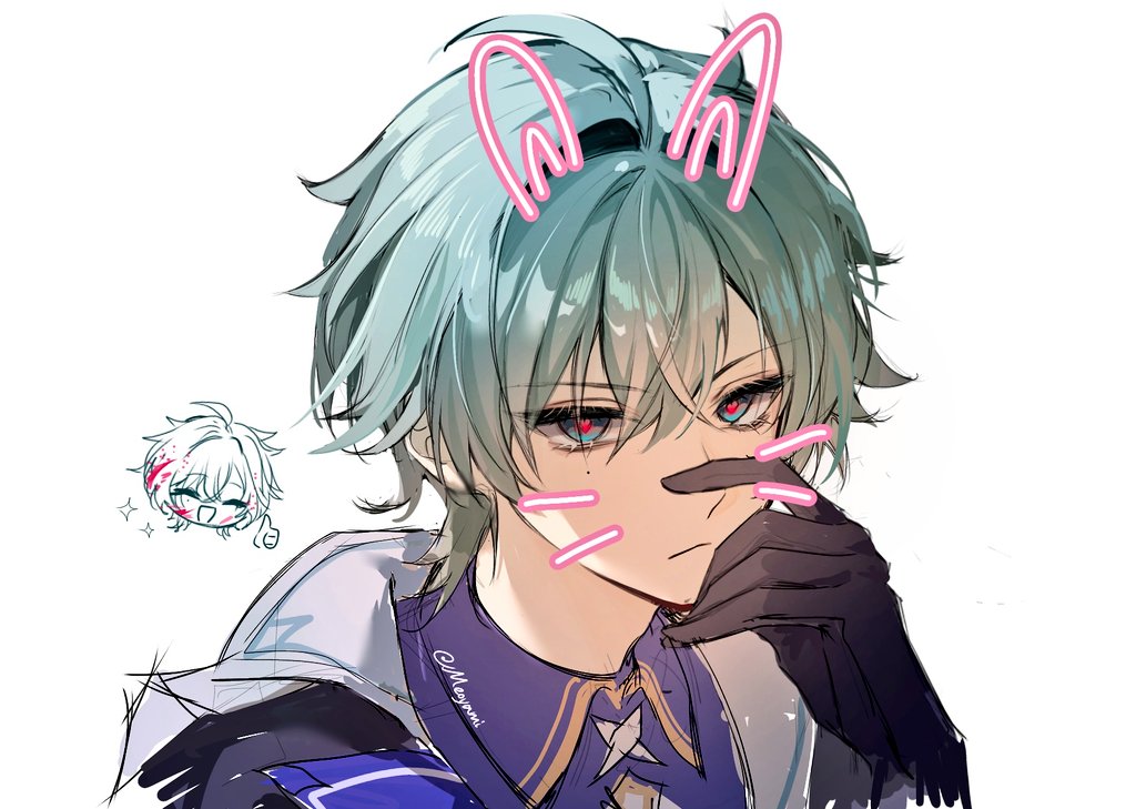 1boy, ahoge, animal_ears, armor, black_gloves, blue_shirt, chibi, coat