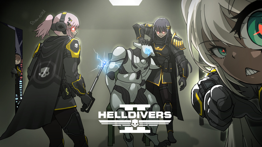1other, 4girls, absurdres, armor, baton_(weapon), character_request, dark-skinned_female, dark_skin