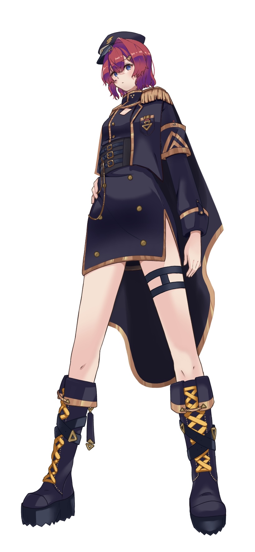 1girl, alternate_costume, ange_katrina, armband, black_armband, black_boots, black_cape, black_corset, black_hat, black_jacket, black_shirt, black_skirt, boots, breasts, cape, cleavage_cutout, clothing_cutout, commentary_request, corset, epaulettes, flat_cap, fold-over_boots, foreshortening, from_below, full_body, gold_trim, hair_between_eyes, hair_ornament, hand_on_own_hip, hat, highres, jacket, knee_boots, kokuto66, long_sleeves, medium_hair, miniskirt, nijisanji, open_clothes, open_jacket, platform_boots, red_hair, shirt, shirt_tucked_in, side_slit, simple_background, single_hair_intake, skirt, small_breasts, solo, standing, thigh_strap, triangle_hair_ornament, virtual_youtuber, white_background