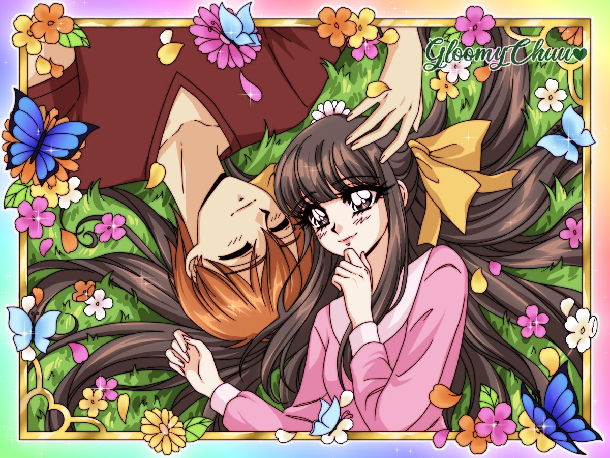1boy, 1girl, ^_^, artist_name, blue_butterfly, blunt_bangs, blush, bow