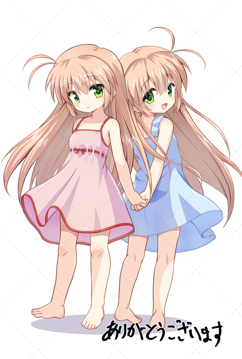 2girls, ahoge, barefoot, blue_dress, commentary_request, commission, commissioner_upload, dress