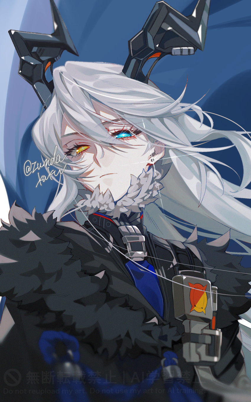 1girl, black_cloak, black_horns, blue_eyes, blue_flag, cloak, closed_mouth, commentary_request