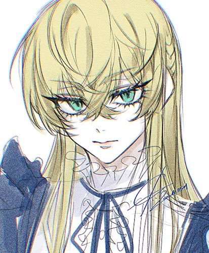 1boy, blonde_hair, crossdressing, crossdressing_(mtf), green_eyes, hair_between_eyes, long_hair, looking_at_viewer