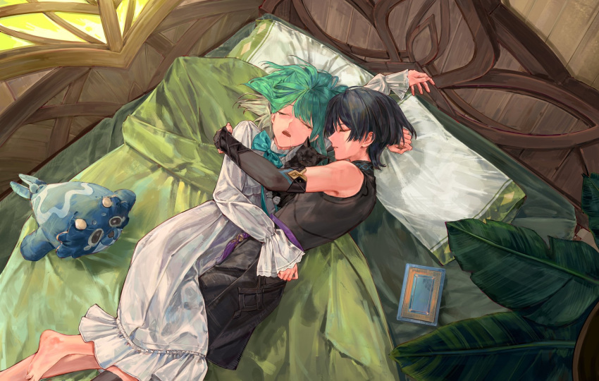 1boy, 1girl, arm_up, armor, barefoot, bed, black_bodysuit, black_cat