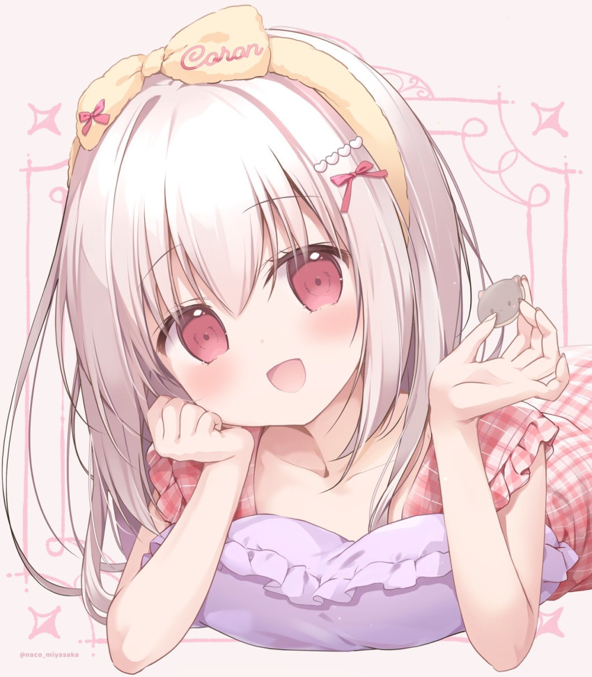 1girl, :d, blush, bow, brown_bow, brown_hairband, character_name, collarbone