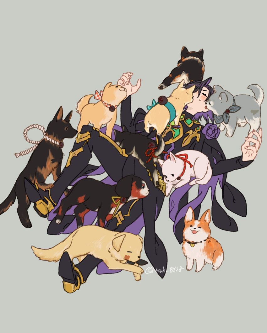 1boy, bernese_mountain_dog, black_boots, black_hair, black_pants, black_robe, boots, closed_eyes