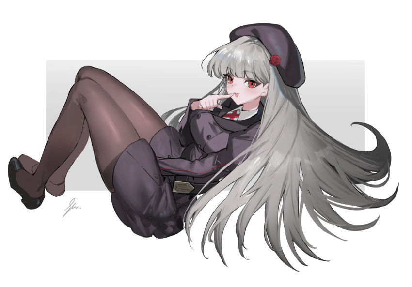 1girl, :d, beret, between_legs, black_hat, black_jacket, black_shoes, black_skirt