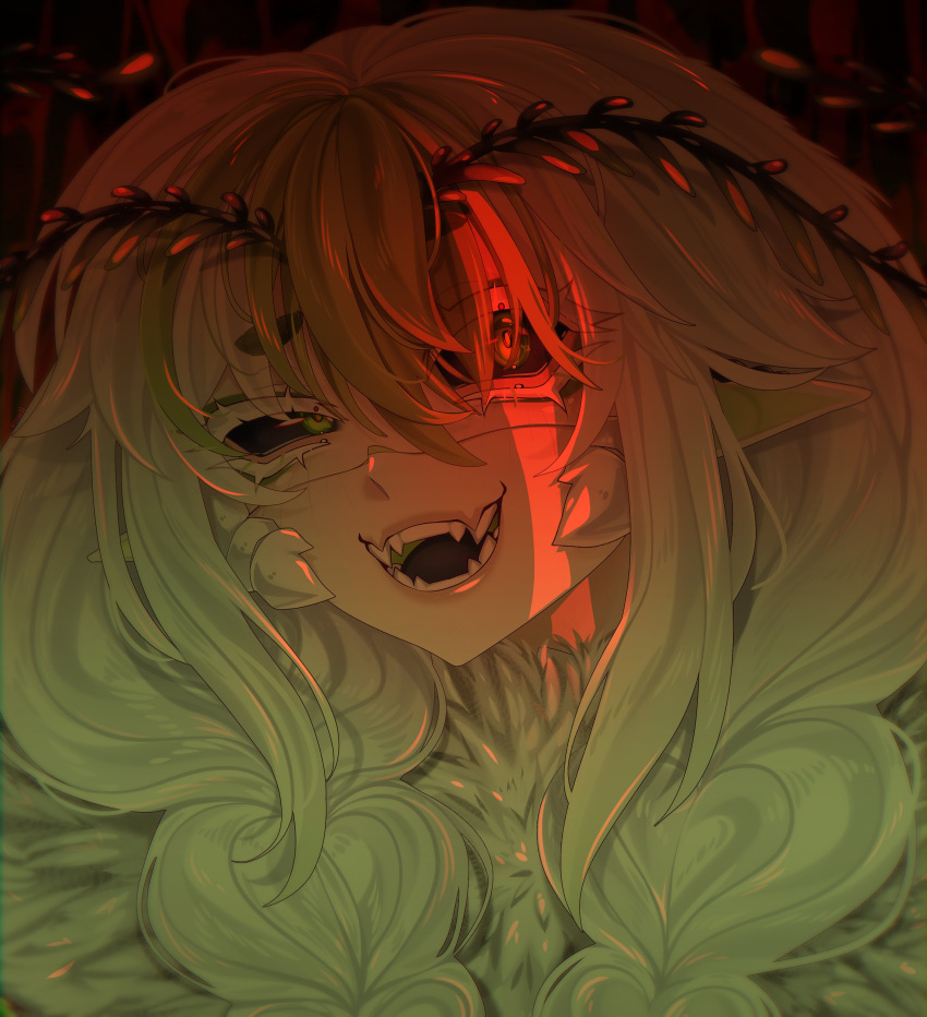 1girl, absurdres, antennae, arthropod_girl, black_sclera, black_tongue, braid, colored_sclera, colored_skin, commentary, english_commentary, fangs, green_eyes, green_hair, hair_between_eyes, highres, indie_virtual_youtuber, juniper_actias, juniper_actias_(space_invader), mandibles, monster_girl, moth_antennae, moth_girl, open_mouth, sitraell, twin_braids, virtual_youtuber, white_hair, white_skin