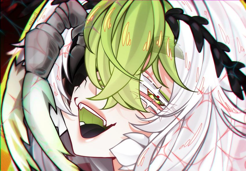 1girl, absurdres, antennae, arthropod_girl, black_sclera, black_tongue, close-up, colored_sclera