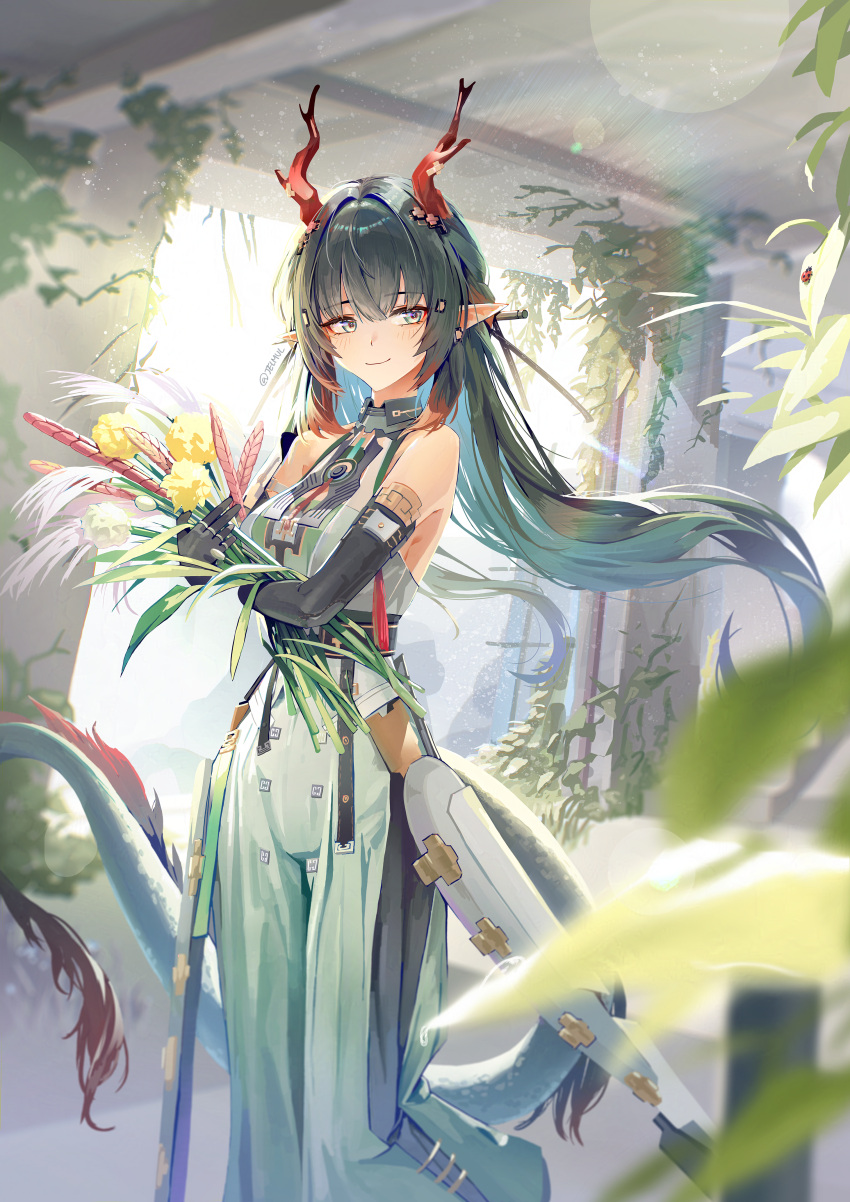 1girl, absurdres, arknights, arknights:_endfield, bare_shoulders, black_gloves, black_hair, commentary_request