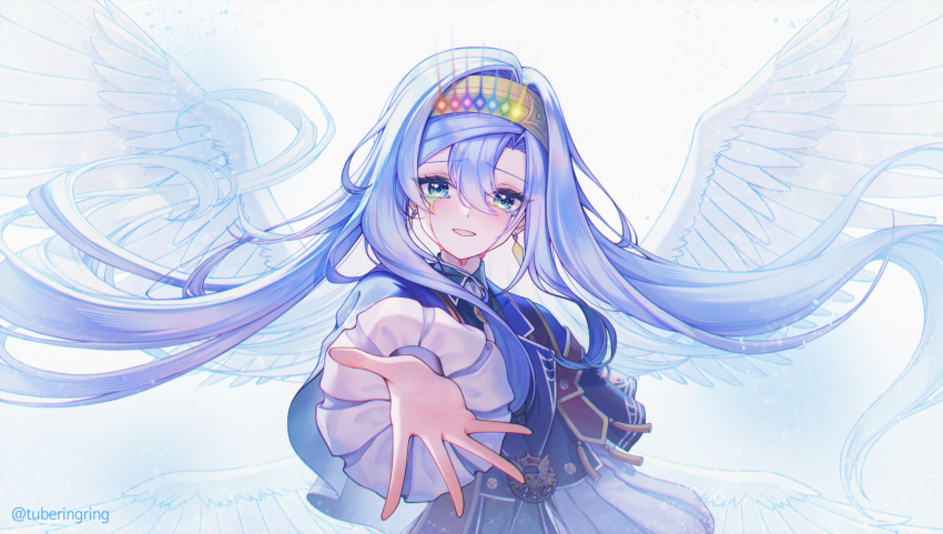 1girl, angel_wings, artmage_finmel, artmage_non_finito, black_pantyhose, blue_capelet, capelet, commentary_request