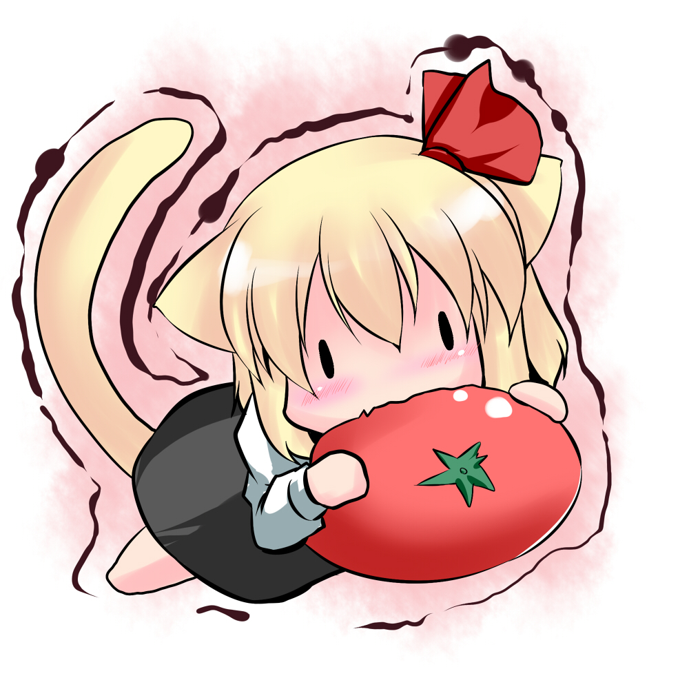 animal_ears, blonde_hair, cat_ears, cat_tail, chibi, eating, hoshizuki_(seigetsu), kemonomimi_mode, lying, on_stomach, open_mouth, purumia, rumia, solo, tail, the_embodiment_of_scarlet_devil, tomato, touhou, trembling, youkai